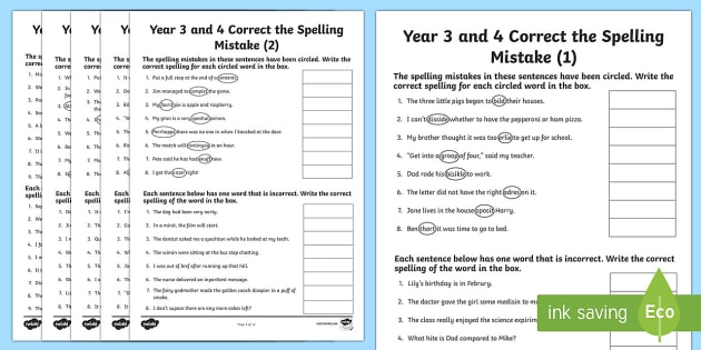 Year 3 And 4 Correct The Spelling Mistakes Worksheet   Worksheet Pack