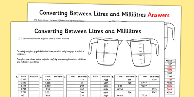 Converting Between Litres And Millilitres Worksheet   Worksheet