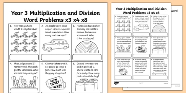 Year 3 Multiplication & Division Word Problems X3 X4 X8 Worksheet