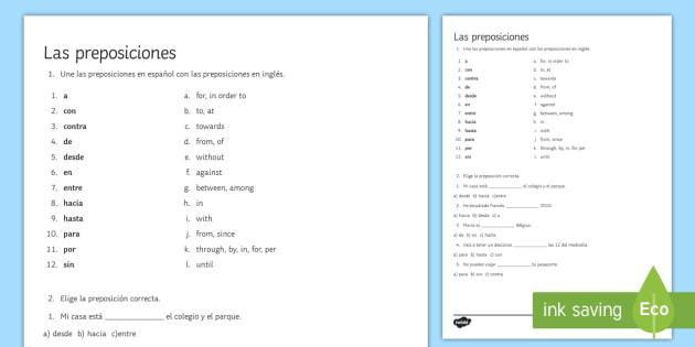Prepositions Worksheet   Worksheet Spanish