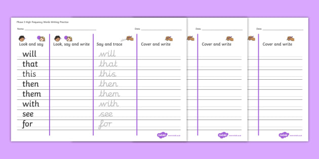 Phase 3 High Frequency Words Writing Practice Worksheets