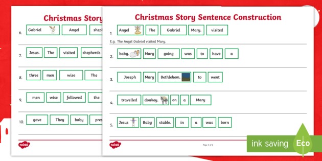 Christmas Story Sentence Construction Worksheet   Worksheet