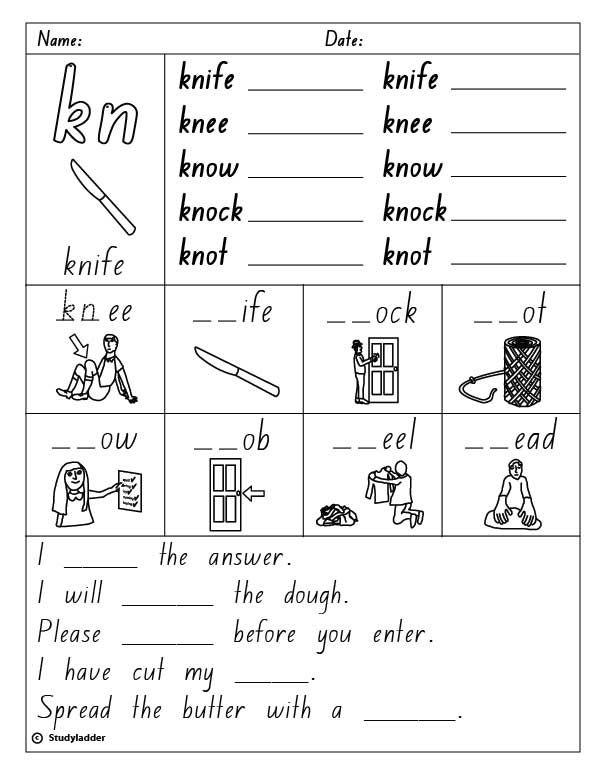 Kn Digraph Worksheets  Studyladder Online English Literacy