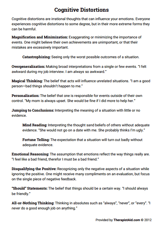 Cognitive Distortions (worksheet