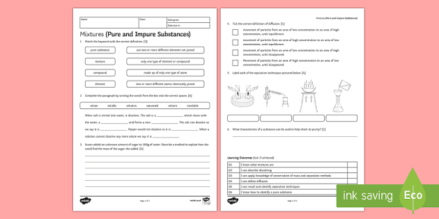 Mixtures (pure And Impure Substances) Homework Activity Sheet