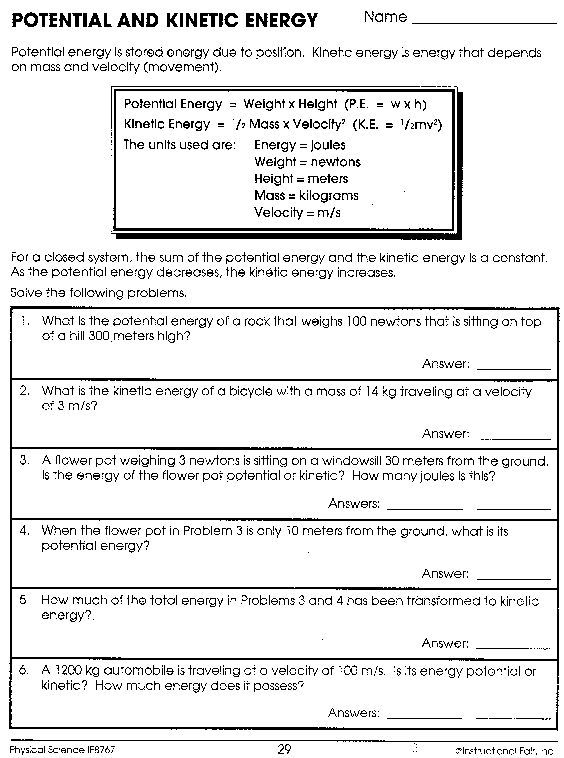 Potential And Kinetic Energy Worksheet Answers