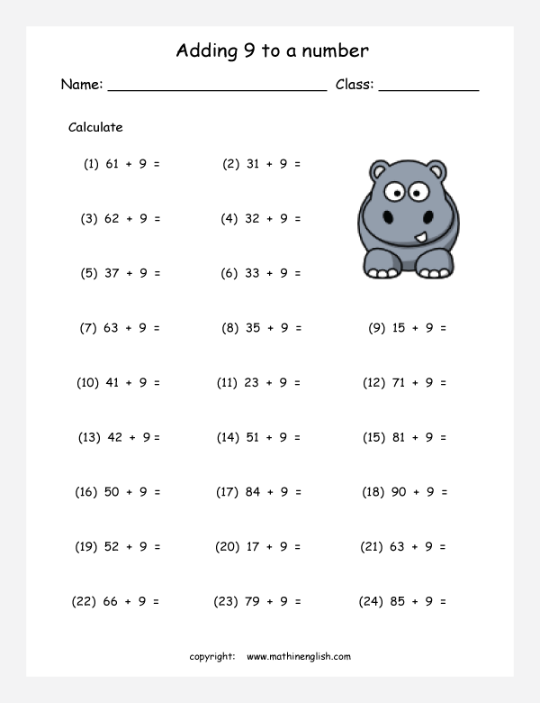 Adding 9 To A Number Addition Worksheet  Work On Your Addition