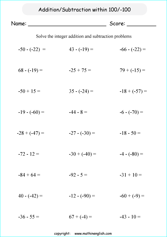 Math Addition And Subtraction Of Integers Worksheet From