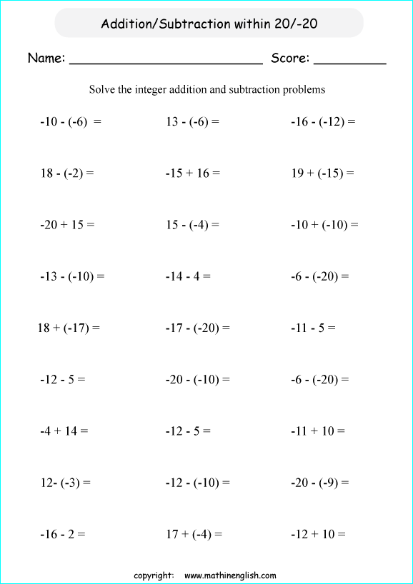 Math Addition And Subtraction Of Integers Worksheet From