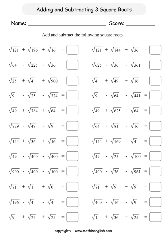Add Or Subtract 3 Perfect Square Roots Math Worksheet Or Grade 6
