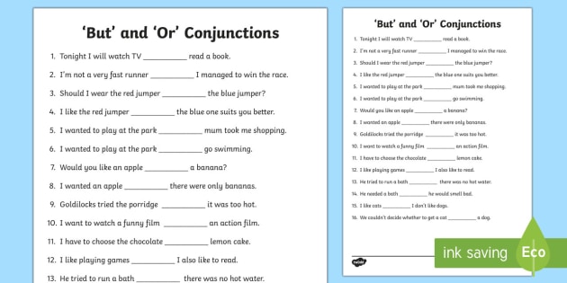 But' And 'or' Conjunctions Worksheet   Worksheet