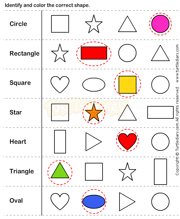 Identify And Colour The Correct Shape  Sorting, Colours, Reading