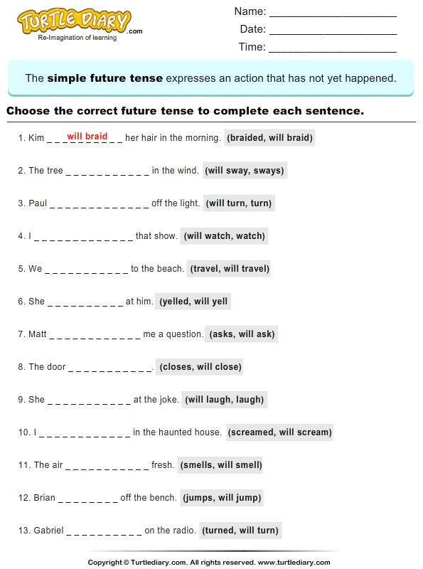 Choose The Correct Future Tense To Complete The Sentence Worksheet