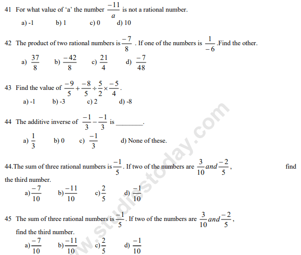 Cbse Class 7 Mathematics Mcqs Rational Numbers, Multiple Choice