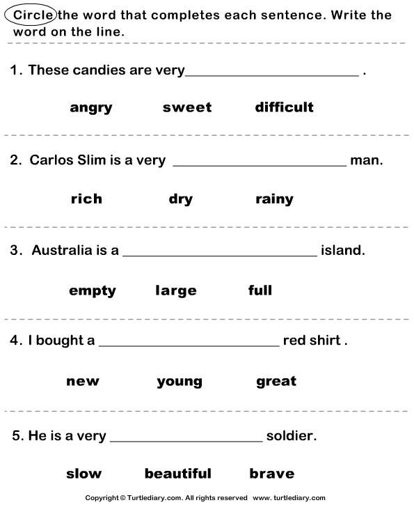 Complete The Sentence With Correct Adjective Worksheet