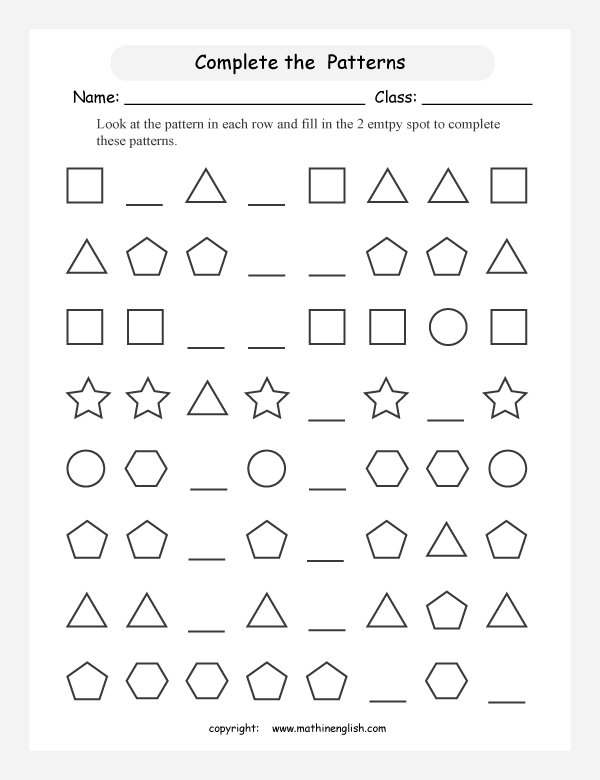 Complete Each Pattern By Drawing The Missing 2 Shapes In Each