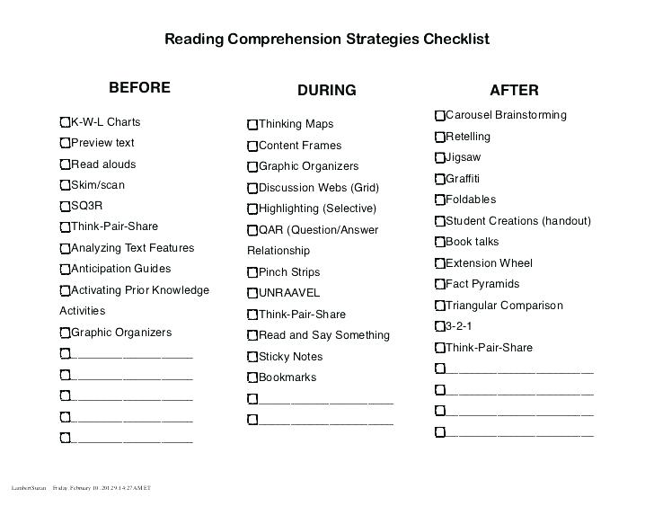 Comprehension Strategies Worksheets Reading Checklist Reading
