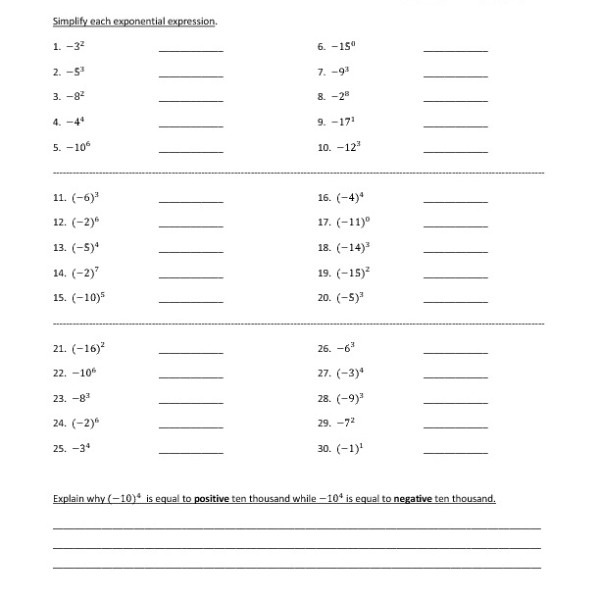Eighth Grade Exponents With Negative Bases Worksheet 05 â One Page