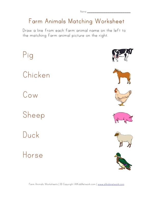 Farm Animals Matching Worksheet
