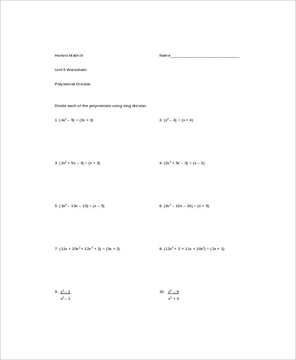Free Math Worksheets Synthetic Division