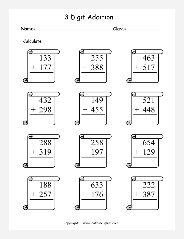 Free Printable Math Worksheets 3 Digit Addition With Regrouping