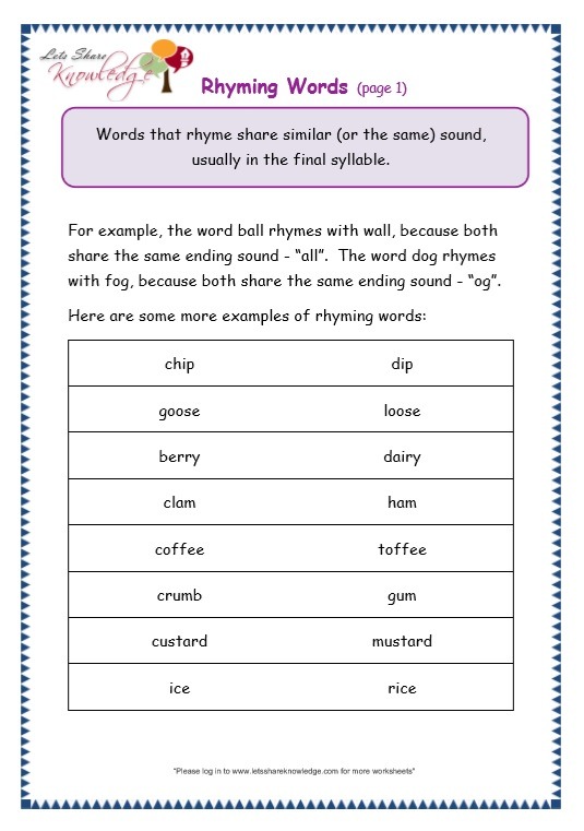 Grade 3 Grammar Topic 32  Rhyming Worksheets