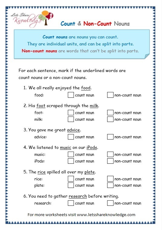 Grade 3 Grammar Topic 12  Count And Noncount Nouns Worksheets