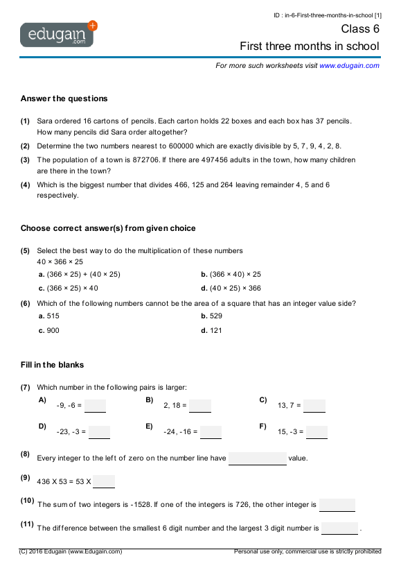 Grade 6 Math Worksheets And Problems  First Three Months In School