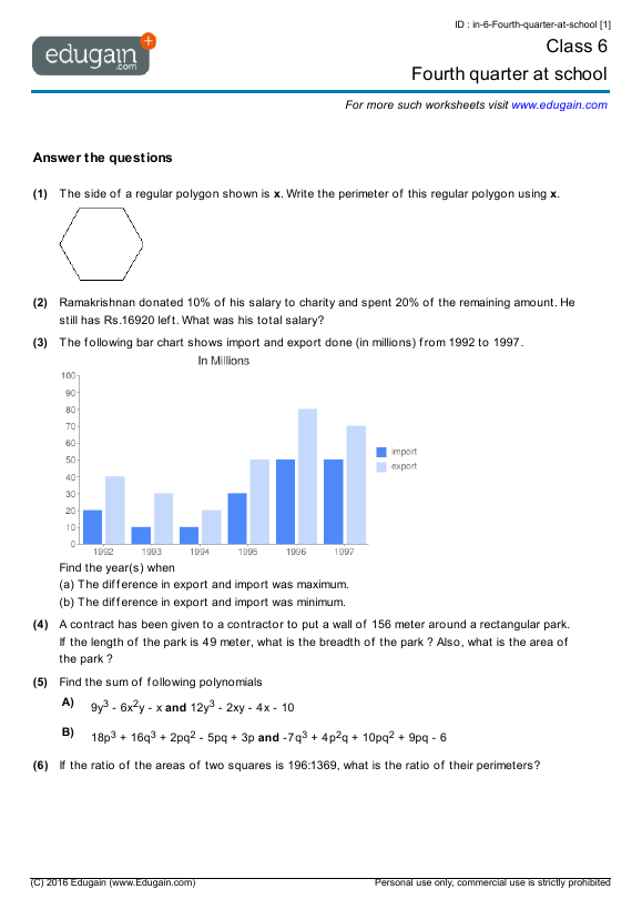 Grade 6 Math Worksheets And Problems  Fourth Quarter At School