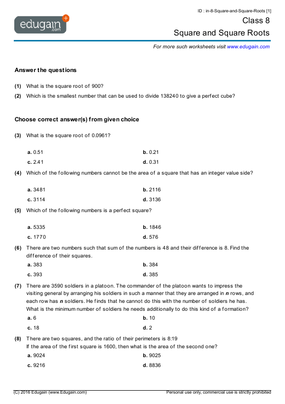 Grade 8 Math Worksheets And Problems  Square And Square Roots