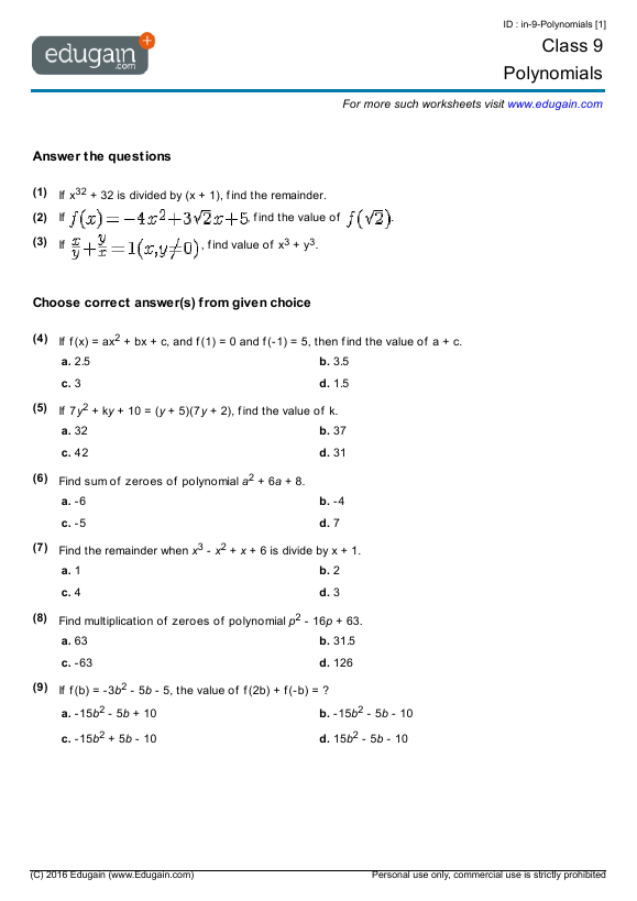Grade 9 Math Questions Worksheets