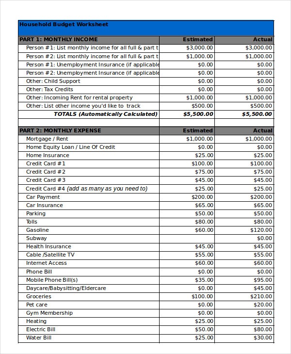 Monthly Home Budget Worksheet