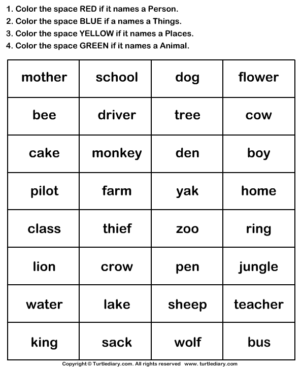 Identify Nouns And Color The Box Worksheet