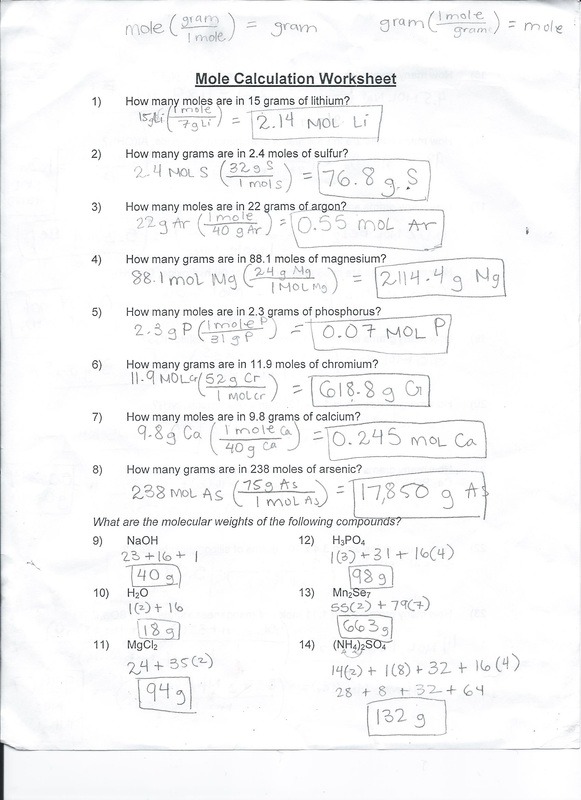 Mole Calculation Worksheet Mole Calculation Worksheet Ivys