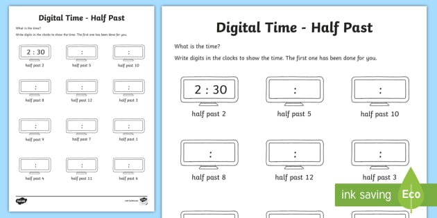 Digital Time â Half Past Worksheet   Worksheet
