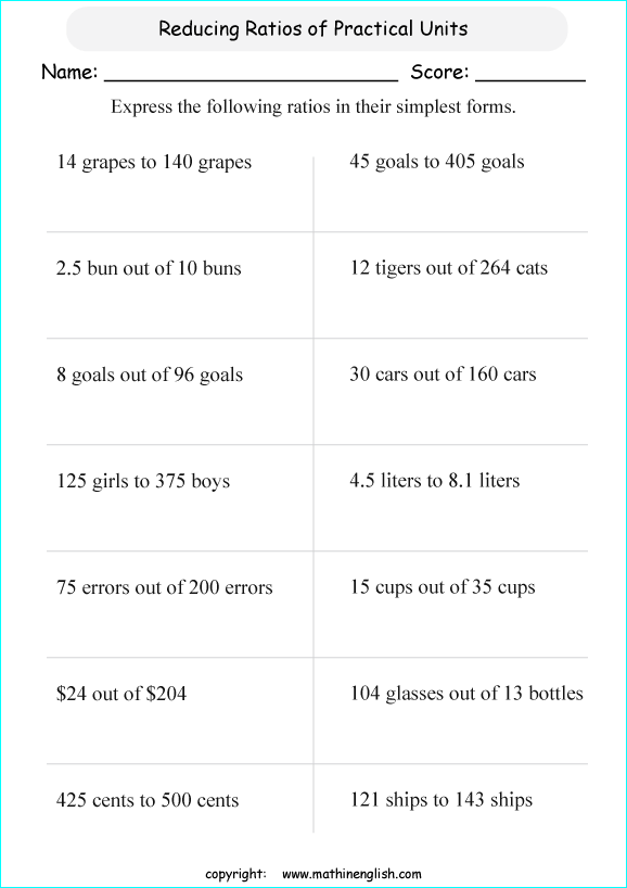 Simplifying Ratios Of Practical Real Life Units Math Worksheet For