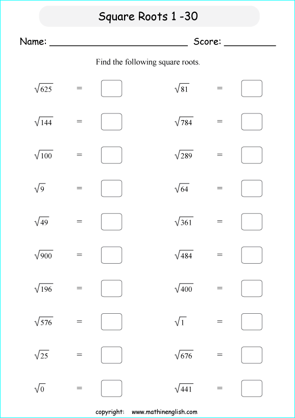 Square Root Worksheet For Grade 6 And Up  Find The Square Roots Of