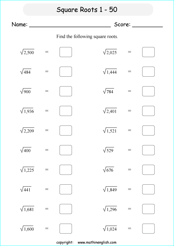 Square Root Worksheet For Grade 6 And Up  Find The Square Roots Of