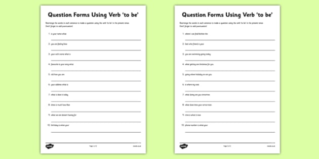 Question Forms Using Verb To Be Worksheet