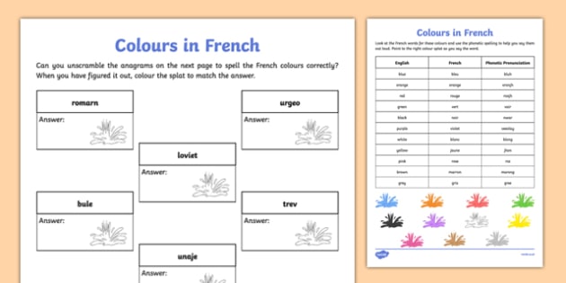 French Colours Worksheet   Worksheet
