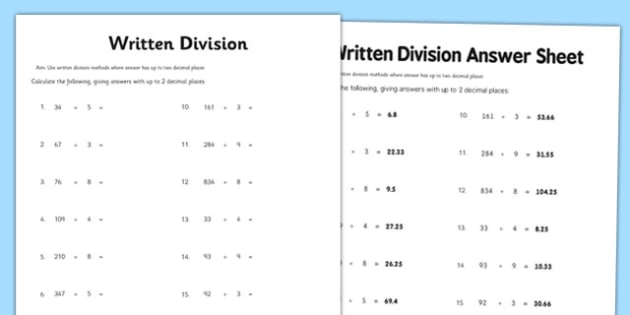 Year 6 Written Division 2 Decimal Places Worksheet   Worksheet