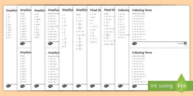 Simplifying Algebraic Expressions Worksheets Ks3 Maths Resources
