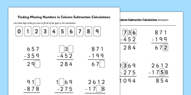 Find Missing Numbers In Column Subtraction Calculations