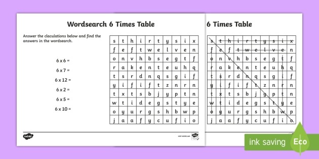 Multiplication 6 Times Tables Wordsearch Worksheet