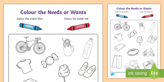 Color The Needs Or Wants Worksheet