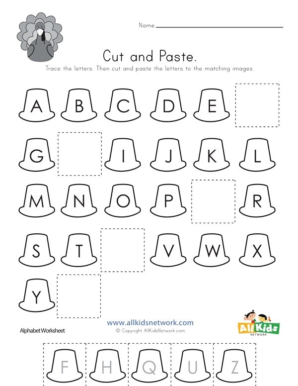 Thanksgiving Cut And Paste Missing Letters Worksheet