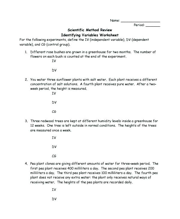 Control Independent And Dependent Variables Worksheets