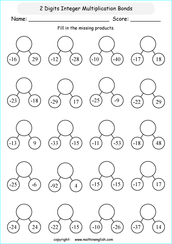 Multiplication Of 2 Digits Integers Math Worksheet For Grade 6