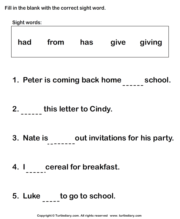 Fill In The Blanks Using Sight Words