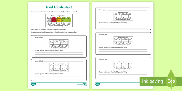 Food Labels Hunt Worksheet